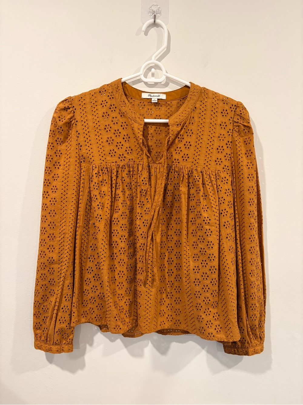 Madewell 100% Cotton Eyelet Peasant Blouse | Golden Ochre | Small - Picture 2 of 6